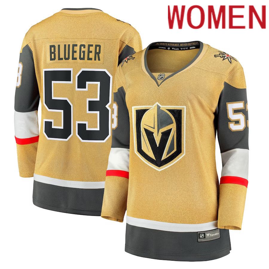 Women Vegas Golden Knights 53 Teddy Blueger Fanatics Branded Gold Home Breakaway NHL Jersey